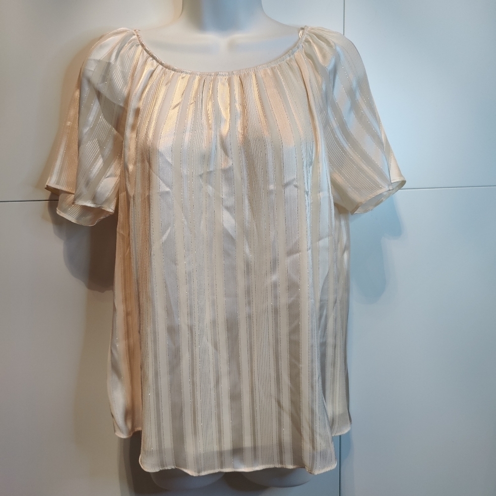 LC Lauren Conrad Cream Metallic Stripe Blouse Small Keyhole Back Flowy Top NWT - Picture 5 of 8